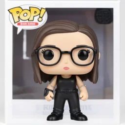 a girl with in glasses with a thin frame pierced in her nose and on her lower lip funko pop, vinyl figurie, kodak photo