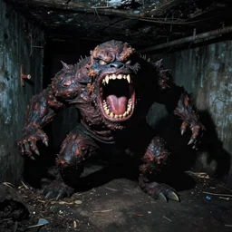 color video footage of the monster hunting in dark basement, a monster with huge mouth, midnight, 2 0 0 0's