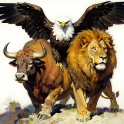 a creature with the body and eyes of a man, with the beak of an eagle, the mane of a lion, and the horns of an ox. drawn by frank frazetta, vivid colors