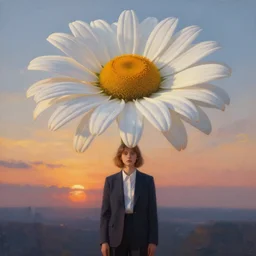 giant daisy flower over head, frontal, girl in a suit, surreal photography, sunrise, dramatic light, impressionist painting, digital painting, artstation, simon stalenhag