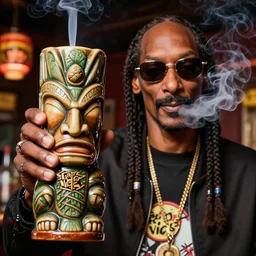 a closeup photorealistic photograph of smoking snoop dogg at trader vic's bar holding up a trader vic's tiki mug featuring snoop dogg's face. tiki culture. brightly lit scene. this 4 k hd image is trending on artstation, featured on behance, well - rendered, extra crisp, features intricate detail, epic composition and the style of unreal engine.