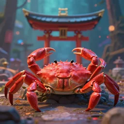 shrine for crab gods. award - winning 3 d animation by an indie studio, rimlighting, depth of field, limited but vibrant palette, intricate details, impressionism, chiaroscuro, bokeh.