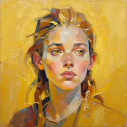 abstract oil matte portrait painting aloy from horizon zero dawn infused and swimming in a golden liquid detailed faces, visible brushstrokes, smears of light, bright colors, flat style, limited palette, trending on artstation