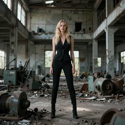 a beautiful woman standing in an abandoned building surrounded by broken machinery, dutch, blonde, tall, pretty, by tim walker, atmospheric, epic composition, trending on artstation, octane render