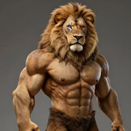 a handsome muscular bodybuilding anthropomorphic male lion, with a thick long mane, and brown fur covering his whole body, blue right eye, red left eye, unreal engine