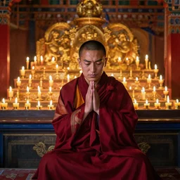 portrait of a tibetan monk praying to a candlelit altar inside a tibetan temple, photography