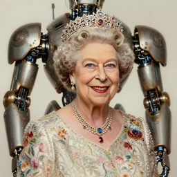 portrait of a smiling old queen elisabeth ii, robot steampunk, floral! horizon zero dawn machine, intricate, elegant, highly detailed, ray tracing, digital painting, artstation, concept art, smooth, sharp focus, illustration, art by artgerm and greg rutkowski and alphonse mucha, 8 k