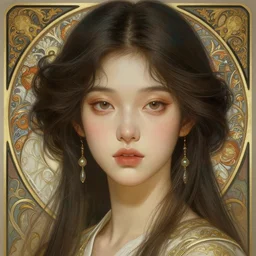 portrait of beautiful korean girl, face, fantasy, intricate, elegant, highly detailed, digital painting, artstation, concept art, smooth, sharp focus, illustration, art by artgerm and greg rutkowski and alphonse mucha