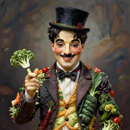 a portrait of charlie chaplin, made entirely out of vegetables
