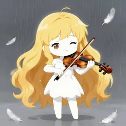 anime style, chibi, full body, a cute girl with white skin and golden long wavy hair holding a violin and playing a song, heavenly, stunning, realistic light and shadow effects, feathers, rainy, centered, landscape shot, happy, simple background, studio ghibly makoto shinkai yuji yamaguchi