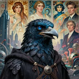 realistic detailed portrait movie still of a birdman wearing dark robes, sci fi city landscape background by denis villeneuve, amano, yves tanguy, alphonse mucha, ernst haeckel, max ernst, roger dean, masterpiece, rich moody colours, cinematic, blue eyes, snarling dog teeth