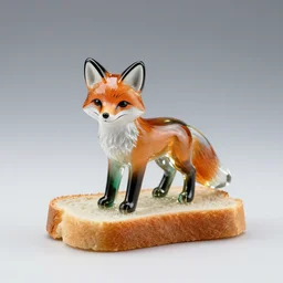 A glass statuette of a fox on a piece of bread. solid Background.