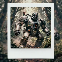 dynamic action pose  !!! giant oversized battle  vader chubby robot  mech bus   , on a  jungle forest , full body , Cinematic focus, Polaroid photo, vintage , neutral dull colors,  foggy mist ,   by oleg oprisco , by victor enrich , by gregory crewdson