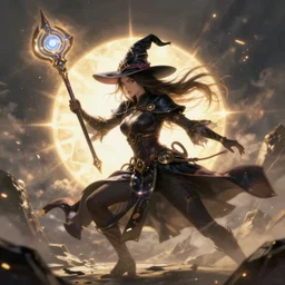 A witch wielding a futuristic power staff, digital apex legends illustration portrait, gorgeous lighting, wide angle action dynamic portrait, perspective shot, art by Aleksi Briclot,