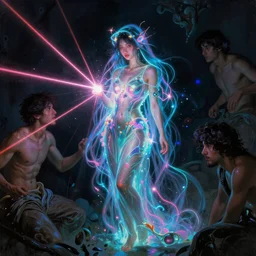 awe-inspiring award-winning concept art painting of attractive asian nymph anglerfish in neon shrouds as the goddess of lasers, sparks, by Michael Whelan, William Adolphe Bouguereau, John Williams Waterhouse, and Donato Giancola, cyberpunk, extremely moody lighting, glowing light and shadow, atmospheric, shadowy, cinematic, 8K,