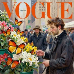 butterflies, flower market, new york city, vogue magazine, greg rutkowski, john singer sargent, anime, trending on artstation, oil painting, butterflies, intricate