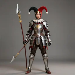 full shot photo of a female jester warrior with waepons