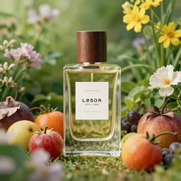 perfume bottle in a garden of glorious bounty of summer fruits and flowers, by william mason brown