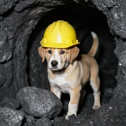 puppy working in a coal mine, wearing hard hat, photo from 1 9 9 3,