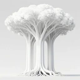 white columns that start out large at the base and split into a root like organic form towards the top holding up a white canopy. architectural rendering
