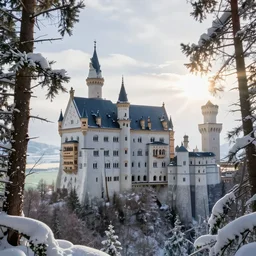 neuschwanstein castle, snowy forest clearance with sunrays shining through the trees, fantasy world, masterpiece, octance render, art station, professionally retouched, soft lighting - 8 7 6