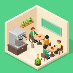 isometric cartoon of funky recreational cannabis cafe area, coffee machine, aluminum sheen, people drinking coffee and smoking cannabis, only 2 tables chairs, 4 cannabis pots, by benoit mandelbrot, low poly cute minimal interior design concept art illustrated by anni albers, 2 d game art
