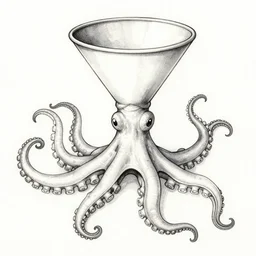 detailed ink drawing watercolored of a giant funnel that look like a cephalopod of considerable size, it was found in the fjords on the slopes of mount generous but also in the arctic ocean, hence the name similar to an ikea coffee table, it fed on small pelagic prey, the gratacuchtyos,