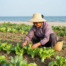 an 8 0 s photo of an old vietnamese woman tending to her vegetable patch by the sea, photography