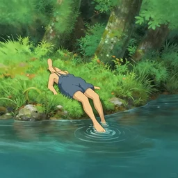 a person with goat legs lounging next to a river with one finger in the water in the forest, digital painting, fantasy, studio ghibli environment, overhead canopy