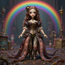 photorealistic soft paint of a curiosities carnival, single young beautiful doll in a full steampunk corset, multiples very long tentacles ground, symmetry accurate features, ominous depths, elegance, focus, rainbow lighting, very high details, award winning masterpiece, behance, by tom bagshaw