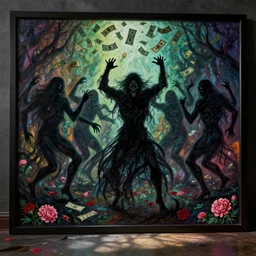 scary, terrifying, evil shadow people dancing, money falling from sky by gustave dore., back glass painting, carnation, encaustic painting, b - roll, establishing shot, dappled light, crime scene photography, 8 k, vray, unreal engine, blender cycles, colorful