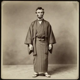 abraham lincoln in a kimono, portrait, full body, symmetrical features, silver iodide, 1 8 8 0 photograph, sepia tone, aged paper, sergio leone, master prime lenses, cinematic