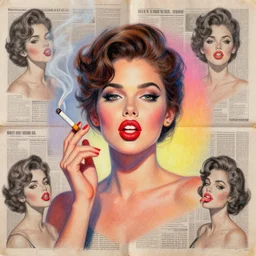 a handmade collage painting with newspapers of a girl from 1 9 8 0 s, smoking, cigarette on fire, red big lips made of donut, high detailed, retro style painting, retro pastel colored palette, grain and texture, dancing heads, illustration, oil pastel drawing, symetrical, in the middle, looking to camera, high shoulders, gradient lighting at the back, sharp teeth, red paint stains, extremely elegant drawing, looking straight, lens correction, sharp focus, 8 k
