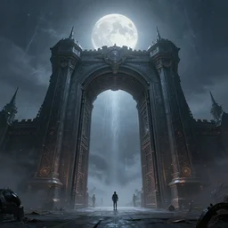 massive realm gate, stargate, under a pale moon engulfed in arcane fog trails in the style of marcin rubinkowski, greg rutkowski, lorenzo lanfranconi, oleg zherebin, trending on artstation, ultra wide angle