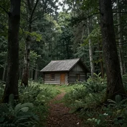 lone cottage in the woods and empty woods, 8k, fantasy, hyper realistic, atmospheric, cinematic