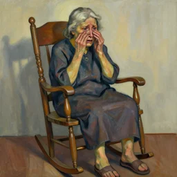 old woman crying sitting in a rocking chair, expressionism