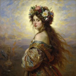 portrait oil painting, a beautiful young woman looking over her shoulder, floral headdress, flowers, long flowing hair, ornate robe, ultra realistic, wide angle, intricate details, artifacts, luminous skies, highly detailed, michael cheval, peter mohrbacher, boris vallejo, jessica rossier, oil painting, highly detailed, cinematic lighting