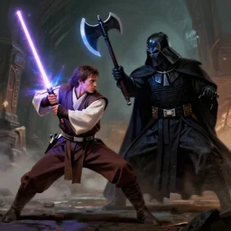 a jedi wielding a lightsaber - axe while fighting a sith, by greg rutkowski, intricate details, cinematic, artstation, 4 k