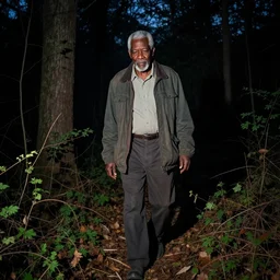 old black man walking in woods at night, trail cam footage,
