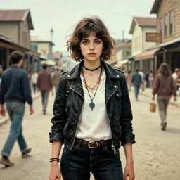 a young woman who may be a ghost, wearing punk clothing, standing on a busy street in a country town in the 1 9 7 0 s, seventies, painterly, offset printing technique, by alexandre cabanel
