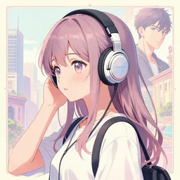 girl wearing headphones, city background, very anime!!! anime!! intricate details, aesthetically pleasing pastel colors, poster background, art by conrad roset and ilya kuvshinov