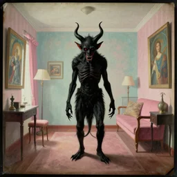 a scary black demon in a liminal hotel room, daguerreotype by edward hopper, by henri rousseau, by Bosch, by Pontormo, art noveau, highly detailed, strong lights, liminal, eerie, Bright pastel colors, octane render, 8k,