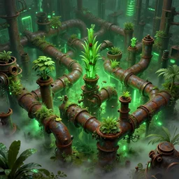 plants growing out of old rusty pipes in an amazing maze, green neon lights, ground covered in mist, detailed steampunk illustration