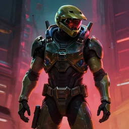 halo spartan in cyberpunk 2 0 7 7, game concept art, digital painting, vivid, emotional, dramatic