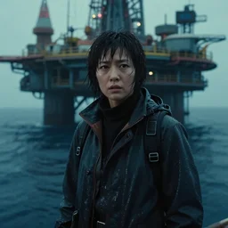 a still from bladerunner 2 0 4 9 depicting a medium shot of akie kotabe wearing wet weather gear. he stares intently into the camera with a worried expression. behind him is a futuristic oil rig in the deep ocean. sci fi, futuristic, cinematic, low light, soft focus.