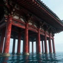 A ancient Japanese architectural building with dark-red  columns under the sea, 8k, very high detailed, cinematic, octane render, intricate