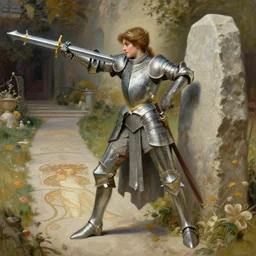 attractive female knight pulling excalibur from the stone, natural lighting, path traced, highly detailed, high quality, digital painting, by gaston bussiere, craig mullins, alphonse mucha j. c. leyendecker