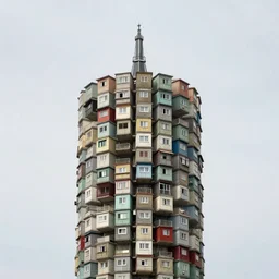 towers made up of suspended brutalist squatter shacks, faded colours, mamiya, 8 5 mm, uniform plain sky, fine details, photographed by uta barth