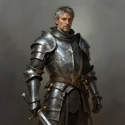 portrait of middle - aged man in banded mail, light armor, warrior, graying hair, short stubble, sword, fantasy, medium shot, cinematic, stunning, highly detailed, digital painting, artstation, soft focus, ominous lighting, full body shot, illustration, art by raf grassetti and hugo richard