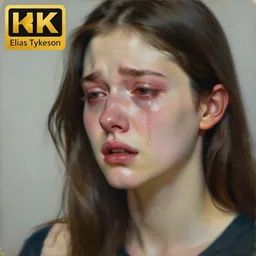 a young woman crying, expressionist, high quality, 4k, oil on canvas by Elias Tykeson, very detailed, masterpiece, award-winning